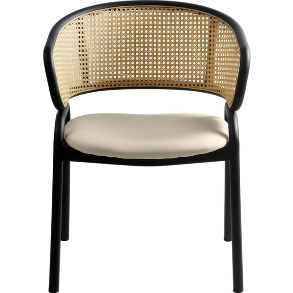 Leisure Mod Ervilla Leather Dining Armchair In Black/White Stainless Steel Base With Wicker Back