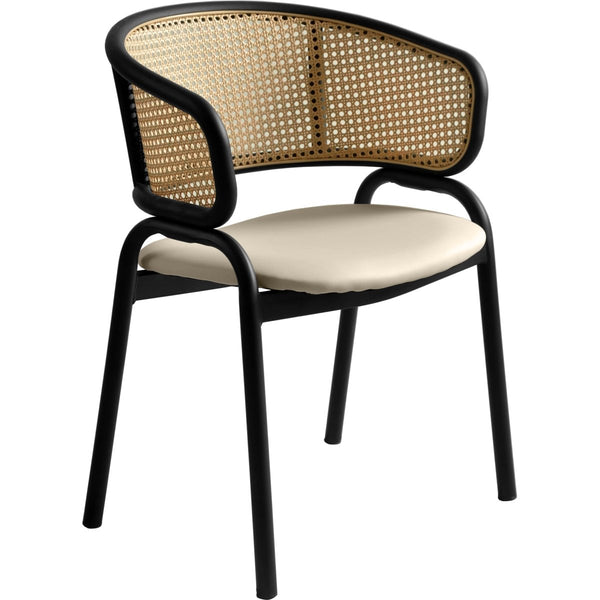 leisure mod Ervilla Leather Dining Armchair in Black/White Stainless Steel Base With Wicker Back