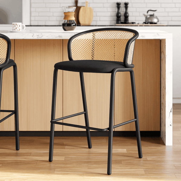 Leisure Mod Ervilla Mid-Century Modern Wicker Bar Stool With Fabric Seat And Black/White Powder Coated Steel Frame