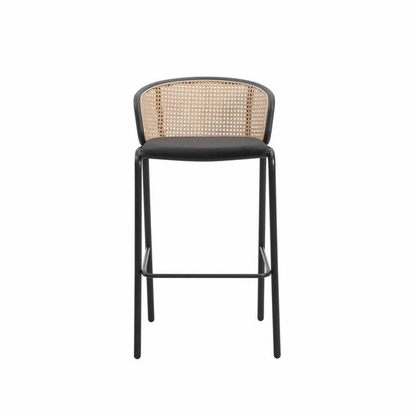 Leisure Mod Ervilla Mid-Century Modern Wicker Bar Stool With Fabric Seat And Black/White Powder Coated Steel Frame
