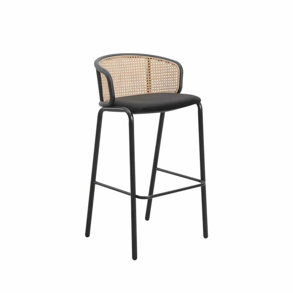 leisure mod Ervilla Mid-Century Modern Wicker Bar Stool with Fabric Seat and Black/White Powder Coated Steel Frame