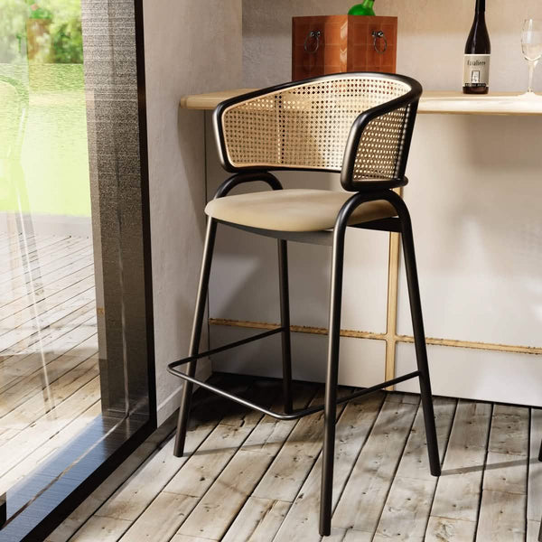 Leisure Mod Ervilla Wicker Bar Stool With Leather Seat And Black/White Stainless Steel Frame