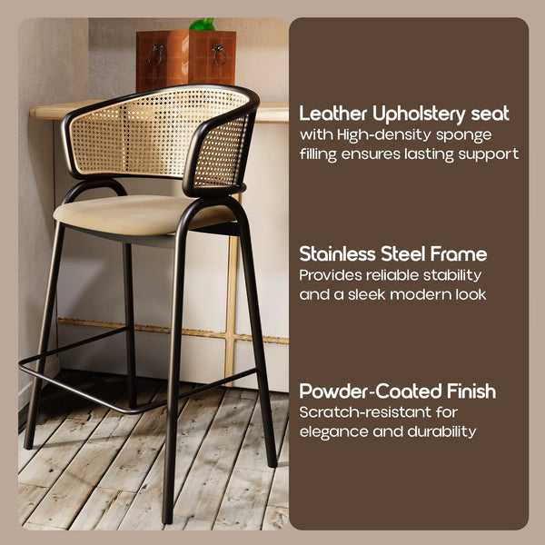 Leisure Mod Ervilla Wicker Bar Stool With Leather Seat And Black/White Stainless Steel Frame