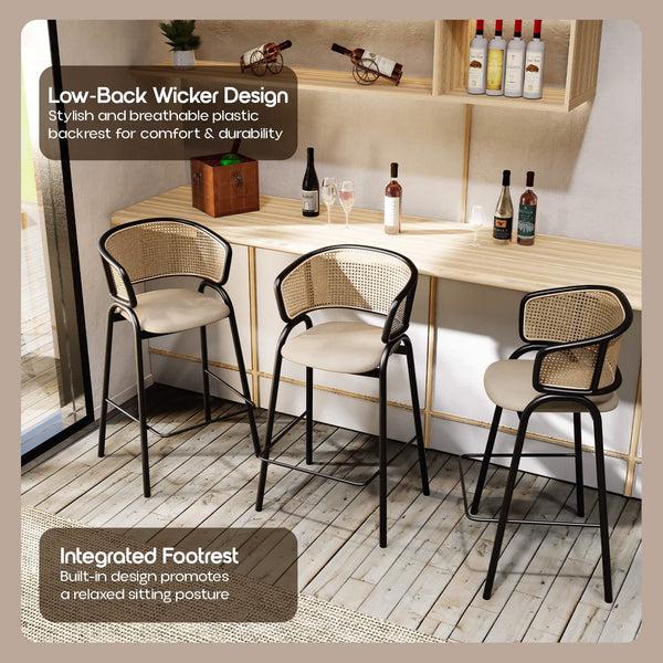Leisure Mod Ervilla Wicker Bar Stool With Leather Seat And Black/White Stainless Steel Frame