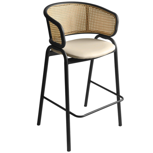 leisure mod Ervilla Wicker Bar Stool with Leather Seat and Black/White Stainless Steel Frame