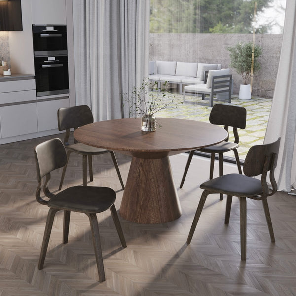 Leisure Mod Fynix 5-Piece Dining Set With Round Wooden Table In Walnut And 4 Leather Dining Chairs
