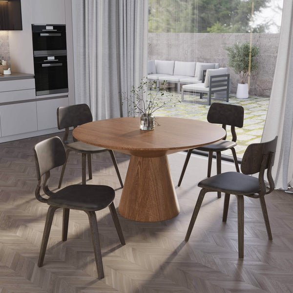 Leisure Mod Fynix 5-Piece Dining Set With Round Wooden Table In Natural Wood And 4 Leather Dining Chairs