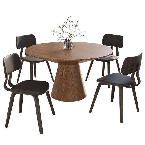 leisure mod Fynix 5-Piece Dining Set with Round Wooden Table in Natural Wood and 4 Leather Dining Chairs