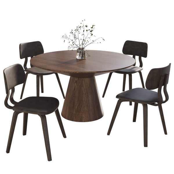 leisure mod Fynix 5-Piece Dining Set with Round Wooden Table in Walnut and 4 Leather Dining Chairs