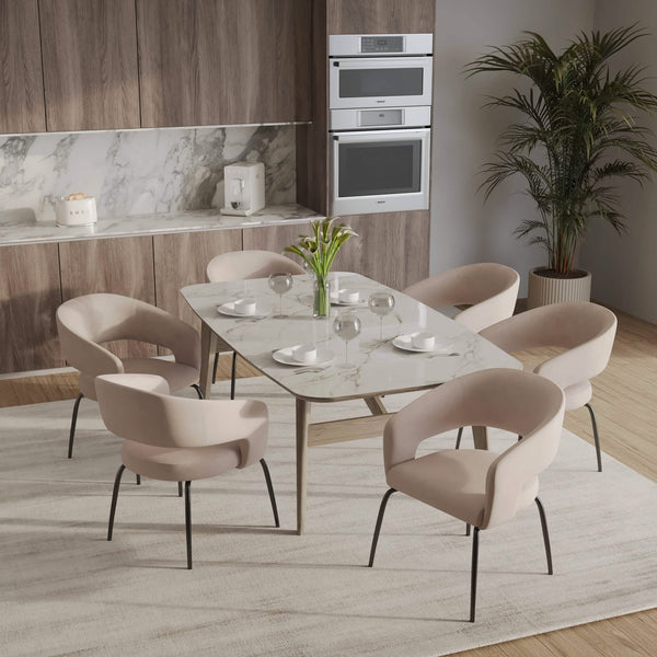 Leisure Mod Gavin Dining Chair Upholstered In Leather/Velvet With Open Curved Backrest In Black Iron