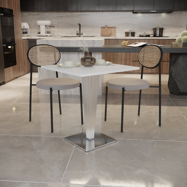 Leisure Mod Glen Square Dining Table With A Square MDF Tabletop In Acrylic And Chrome Metal Base