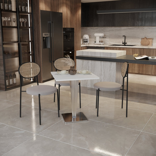 Leisure Mod Glen Square Dining Table With A Square MDF Tabletop In Acrylic And Chrome Metal Base