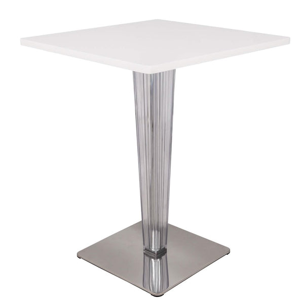 leisure mod Glen Square Dining Table with a Square MDF Tabletop in Acrylic and Chrome Metal Base