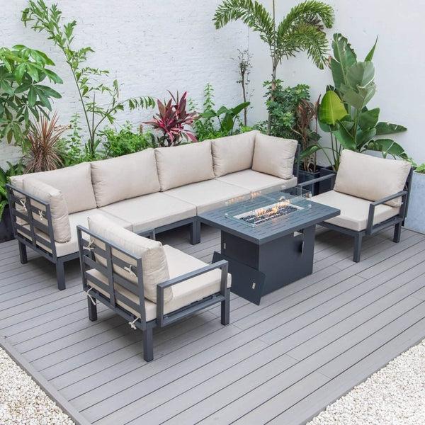 Leisure Mod Hamilton 7-Piece Aluminum Patio Conversation Set With Fire Pit Table And Cushions