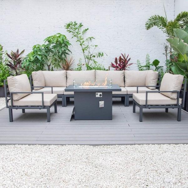 Leisure Mod Hamilton 7-Piece Aluminum Patio Conversation Set With Fire Pit Table And Cushions