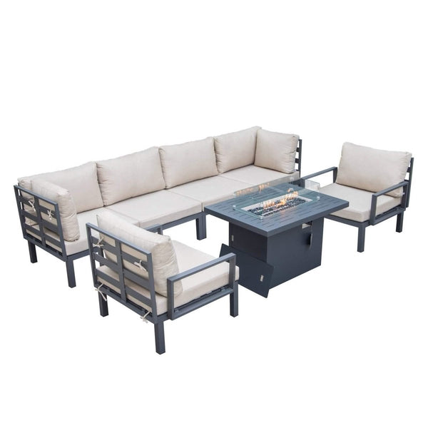 leisure mod Hamilton 7-Piece Aluminum Patio Conversation Set With Fire Pit Table And Cushions