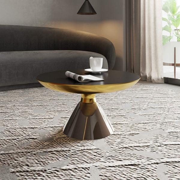 Leisure Mod Hyalus 30-Inch Round Glass Coffee Table With Golden Iron Rim Frame And Glass Base