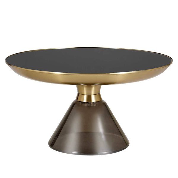 leisure mod Hyalus 30-Inch Round Glass Coffee Table with Golden Iron Rim Frame and Glass Base