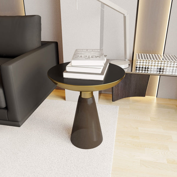 Leisure Mod Hyalus Tully 19-Inch Round Glass Side Table With Iron Rim Frame And Glass Base