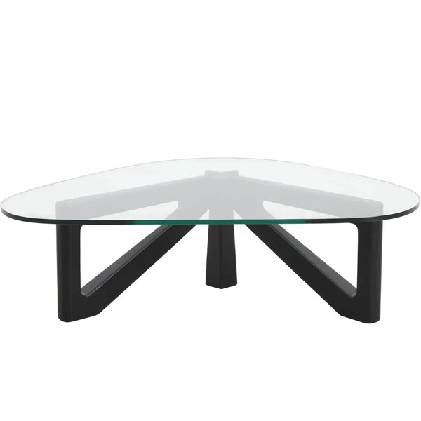 leisure mod Imperial Triangular Coffee Table with a Glass Tabletop and Wood Base