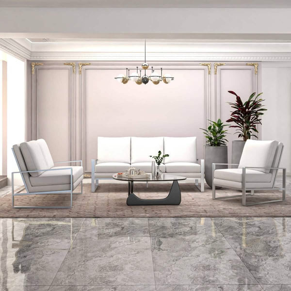 Leisure Mod Jefferson 3-Piece Leather Sofa Set With Silver/Gold Stainless Steel Base Accent Chair And Loveseat