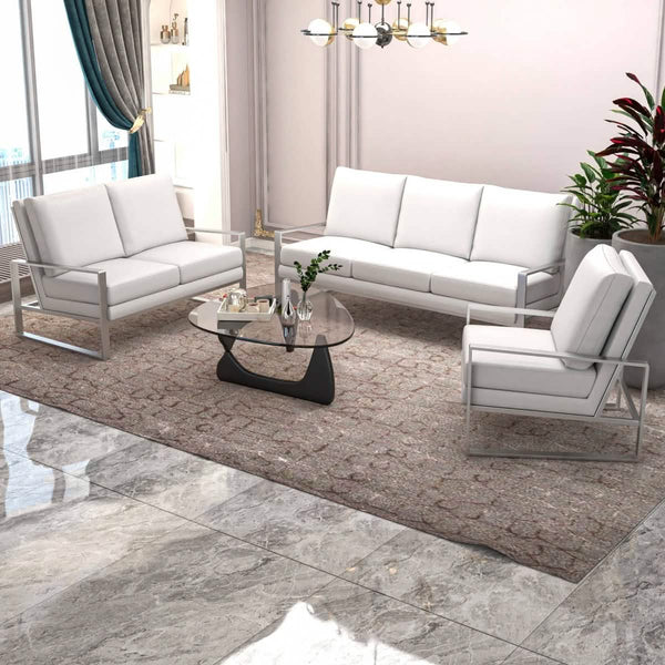 Leisure Mod Jefferson 3-Piece Leather Sofa Set With Silver/Gold Stainless Steel Base Accent Chair And Loveseat