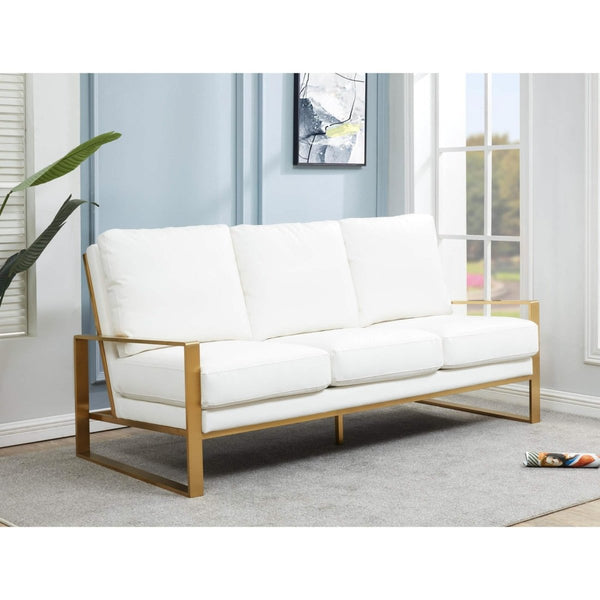 Leisure Mod Jefferson 3-Seater Sofa Upholstered In Velvet/Leather With Gold/Silver Steel Base