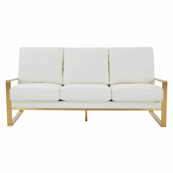 Leisure Mod Jefferson 3-Seater Sofa Upholstered In Velvet/Leather With Gold/Silver Steel Base