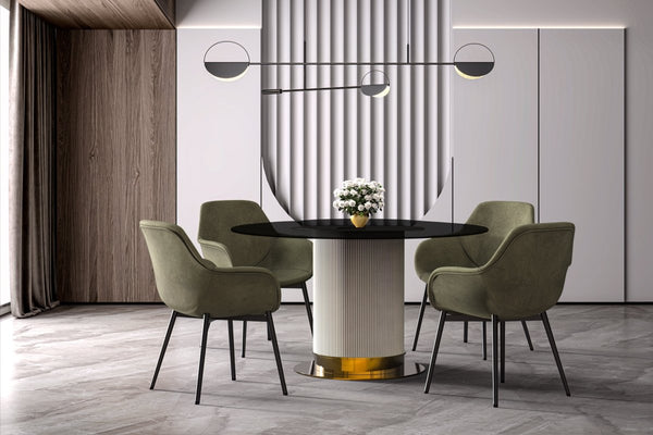 Leisure Mod Jexis Round Dining Table With Glass/Sintered Stone Top And Stainless Steel Pedestal Base