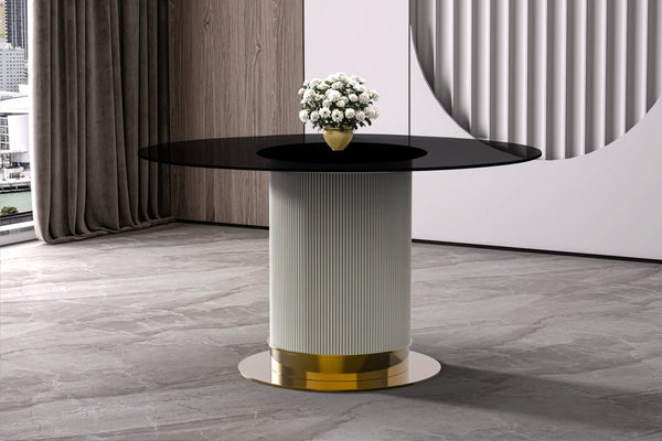 Leisure Mod Jexis Round Dining Table With Glass/Sintered Stone Top And Stainless Steel Pedestal Base