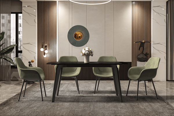 Leisure Mod Krevor Modern Dining Table With Rectangular Stone/Glass Wide Tabletop With Black Steel Legs