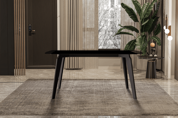 Leisure Mod Krevor Modern Dining Table With Rectangular Stone/Glass Wide Tabletop With Black Steel Legs
