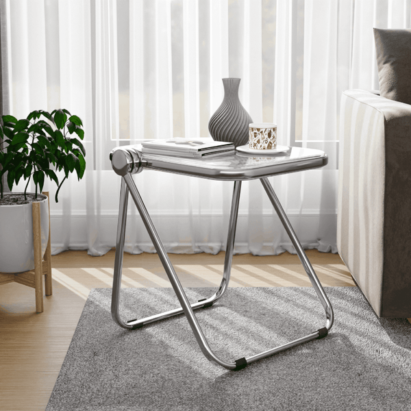 Leisure Mod Lawrence Square Folding Side Table With Plastic Tabletop In Chrome Aluminum/Iron Frame