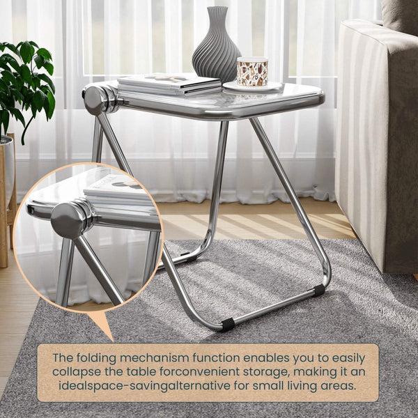 Leisure Mod Lawrence Square Folding Side Table With Plastic Tabletop In Chrome Aluminum/Iron Frame