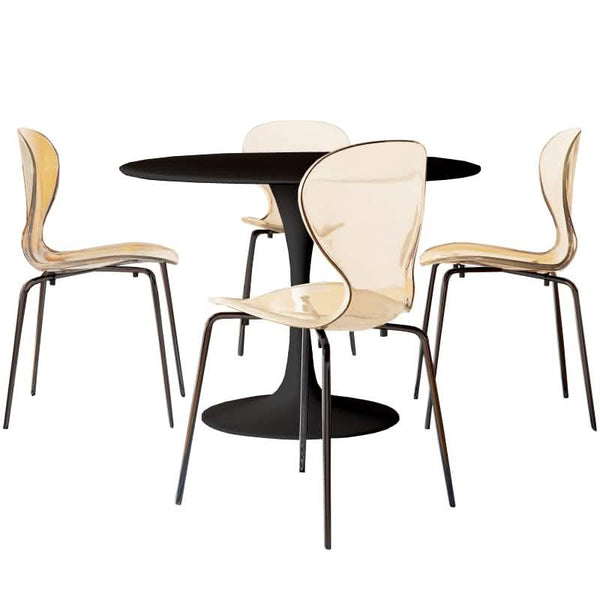 leisure mod LeisureMod 5-Piece Dining Set Round Black MDF Dining Table and 4 Acrylic Dining Chairs with Chrome Legs