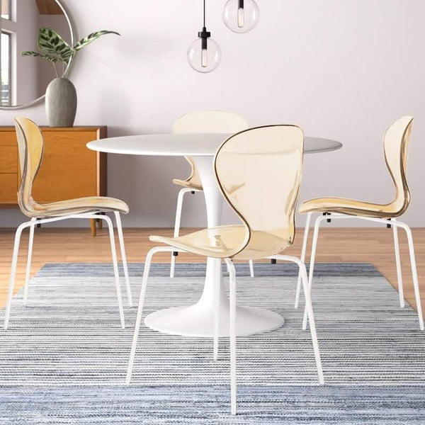 Leisure Mod LeisureMod 5-Piece Dining Set Round White MDF Table And 4 Acrylic Chairs With White Base