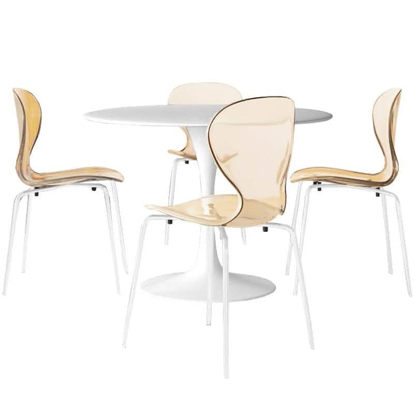 leisure mod LeisureMod 5-Piece Dining Set Round White MDF Table and 4 Acrylic Chairs with White Base