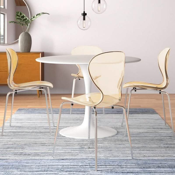 Leisure Mod LeisureMod Bristol 5-Piece Dining Set Round White MDF Dining Table And 4 Acrylic Dining Chairs With Chrome Legs