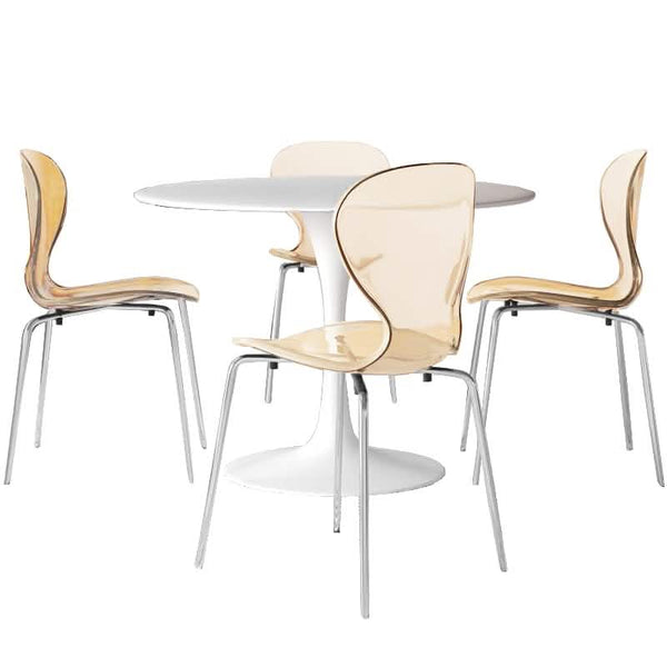 leisure mod LeisureMod Bristol 5-Piece Dining Set Round White MDF Dining Table and 4 Acrylic Dining Chairs with Chrome Legs