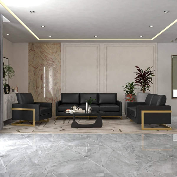 Leisure Mod Lincoln 3-Piece Sofa Set Upholstered In Leather/Velvet Accent Chair With Gold Stainless Steel Frame