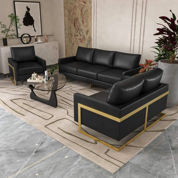 Leisure Mod Lincoln 3-Piece Sofa Set Upholstered In Leather/Velvet Accent Chair With Gold Stainless Steel Frame