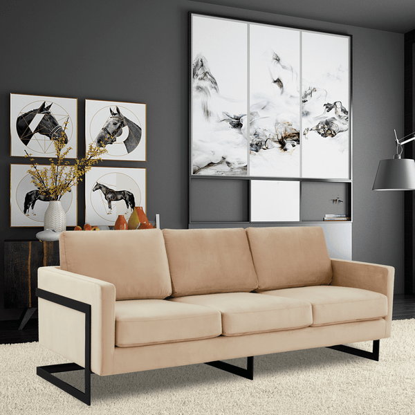 Leisure Mod Lincoln 3-Seater Sofa Upholstered In Velvet/Leather With Black/Silver/Gold Steel Base