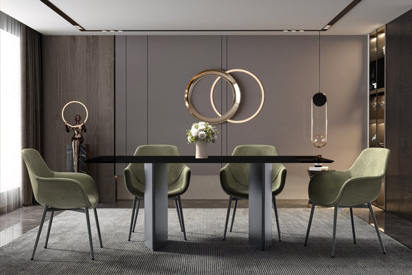 Leisure Mod Lior Dining Table Rectangular Glass/Sintered Stone Tabletop And Black Steel Legs