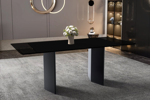 Leisure Mod Lior Dining Table Rectangular Glass/Sintered Stone Tabletop And Black Steel Legs
