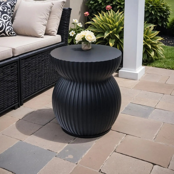 Leisure Mod Mander Fiberstone Side Table With Ribbed Hourglass Design For Indoor And Outdoor