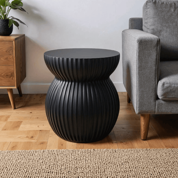 Leisure Mod Mander Fiberstone Side Table With Ribbed Hourglass Design For Indoor And Outdoor