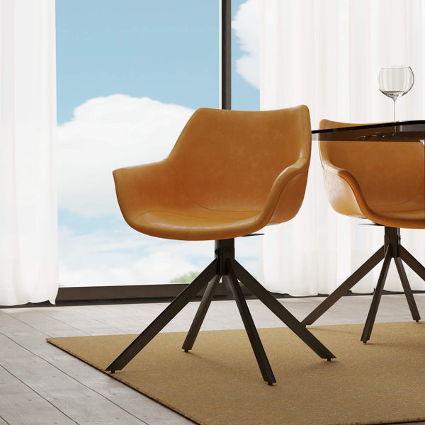Leisure Mod Markley Dining Chair Upholstered In Leather 360-Degree Swivel Armchair