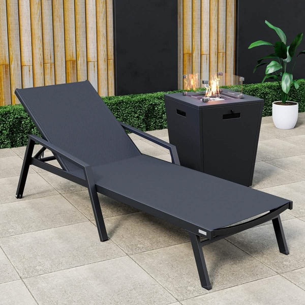 Leisure Mod Marlin Aluminum Outdoor Chaise Lounge Chair With A Square Fire Pit Table