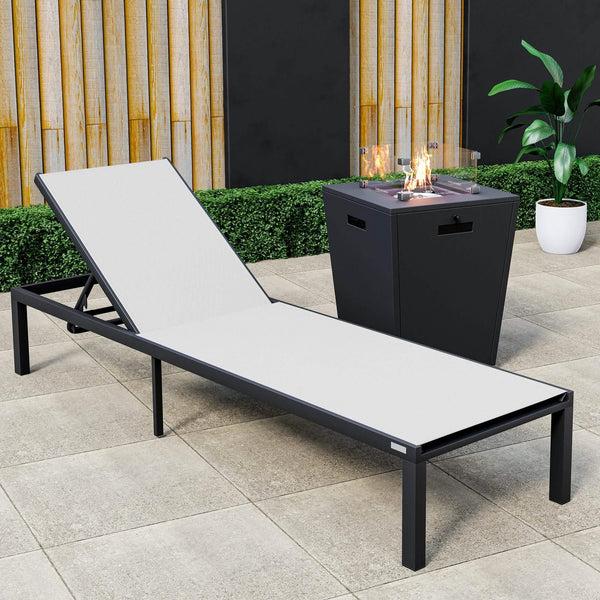 Leisure Mod Marlin Aluminum Outdoor Chaise Lounge Chair With A Square Fire Pit Table
