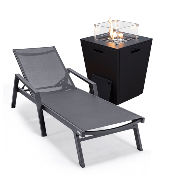 leisure mod Marlin Aluminum Outdoor Chaise Lounge Chair with a Square Fire Pit Table